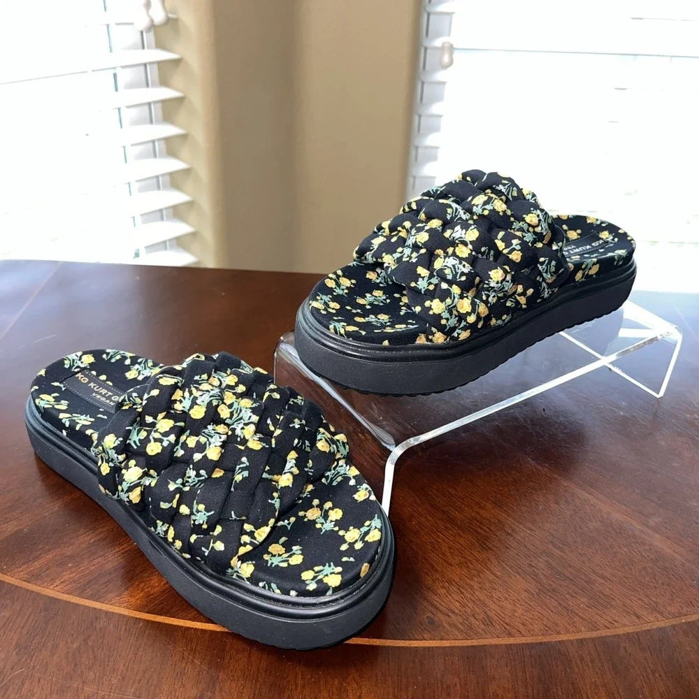 Kurt Geiger Vegan Black Yellow Floral Woven Chunky Slides Sandals Sz 7 Cottage